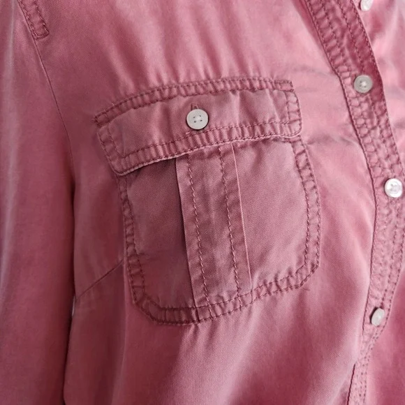 Talbots Button Up Blouse Women's Large Petite Dusty Pink Roll Tab Sleeve Pockets - Picture 3 of 9